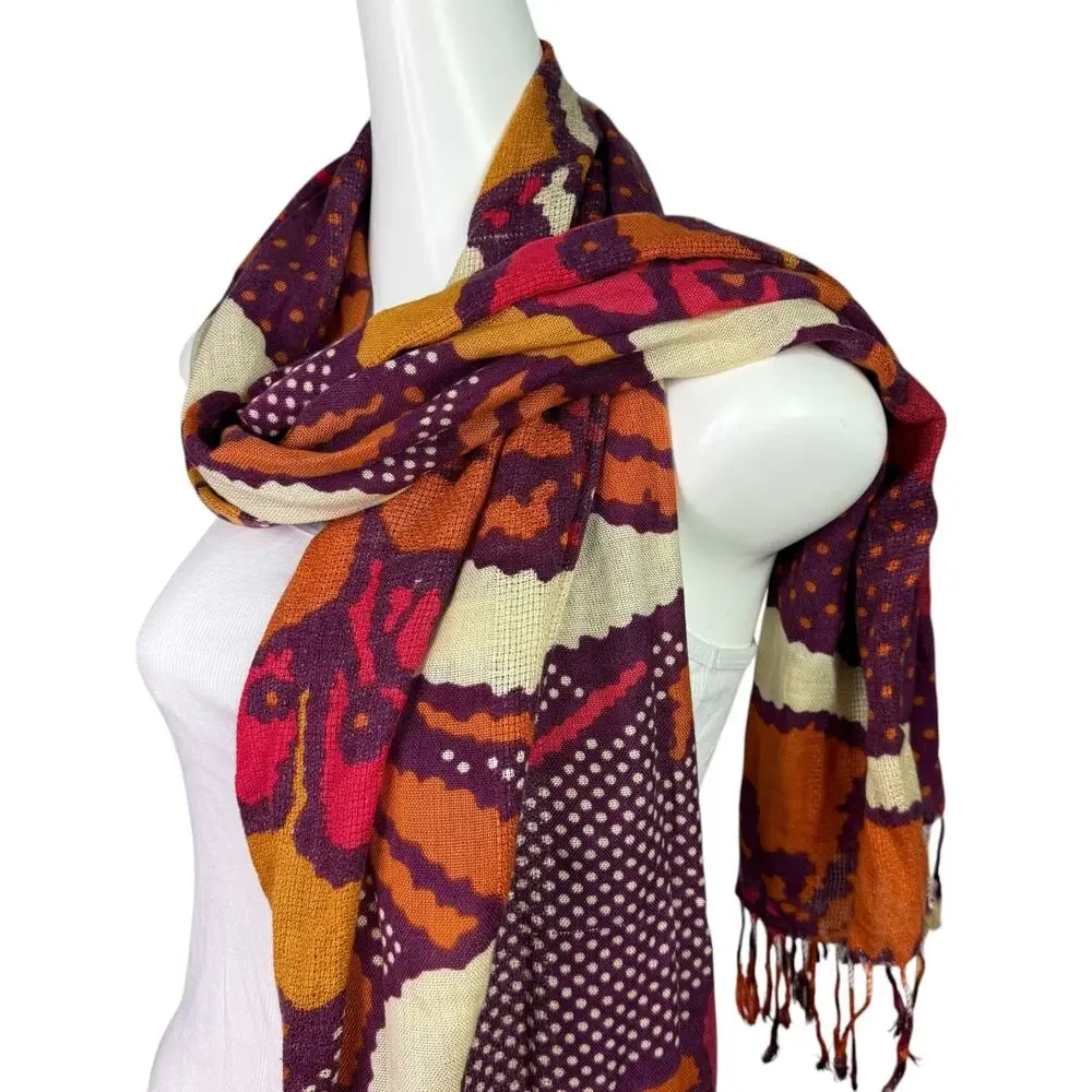 Jones New York Colorful Orange Purple Floral Print Fringe Scarf Wrap 76